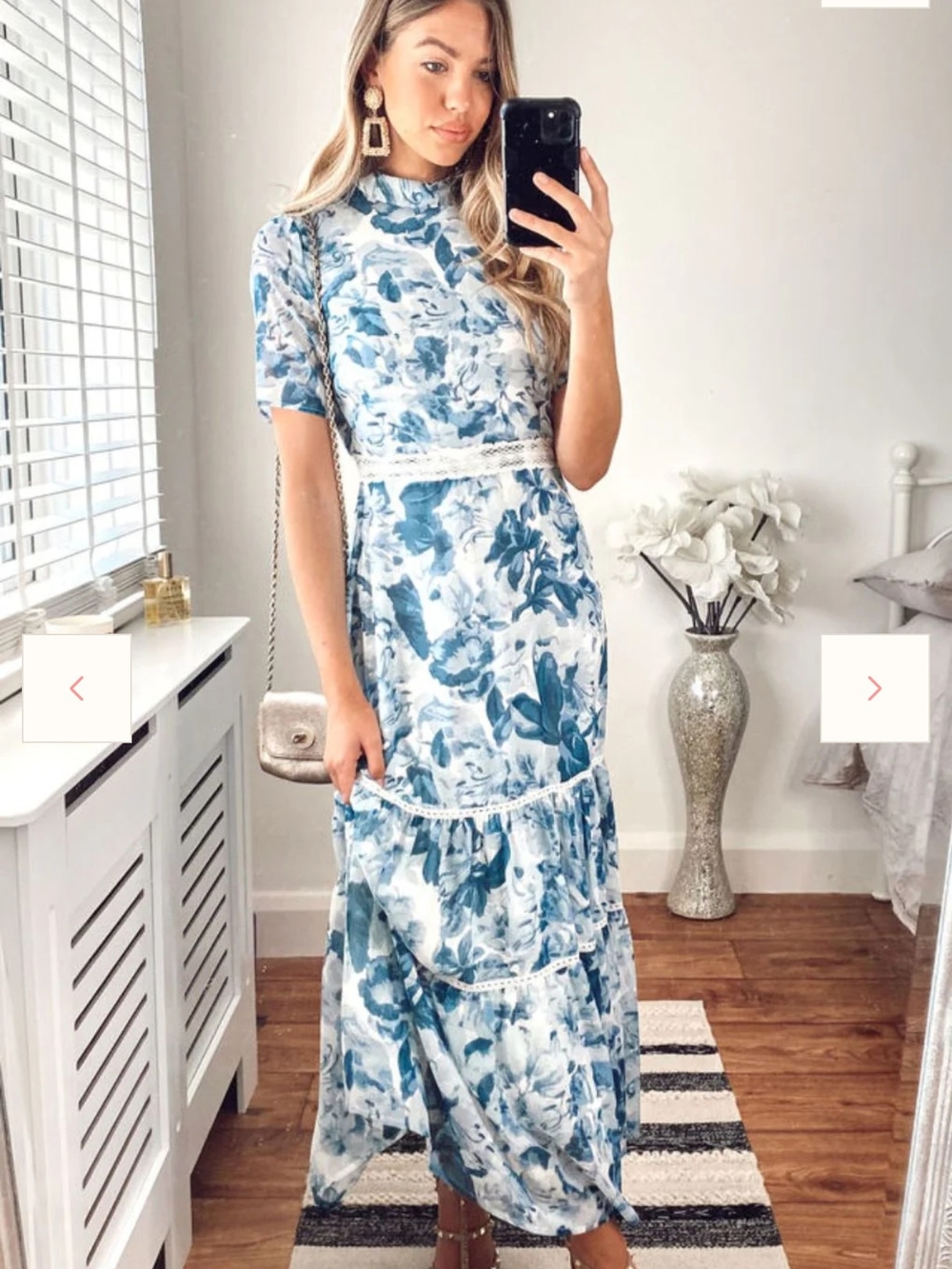 Blue Floral Savannah Maxi Dress with Lace Trim and Short Sleeves